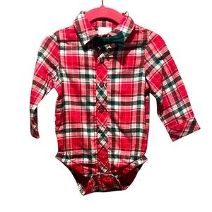 New Cat & Jack Baby Boy’s Flannel Shirt Onesie With Bow tie Size 6-9 Months NWOT